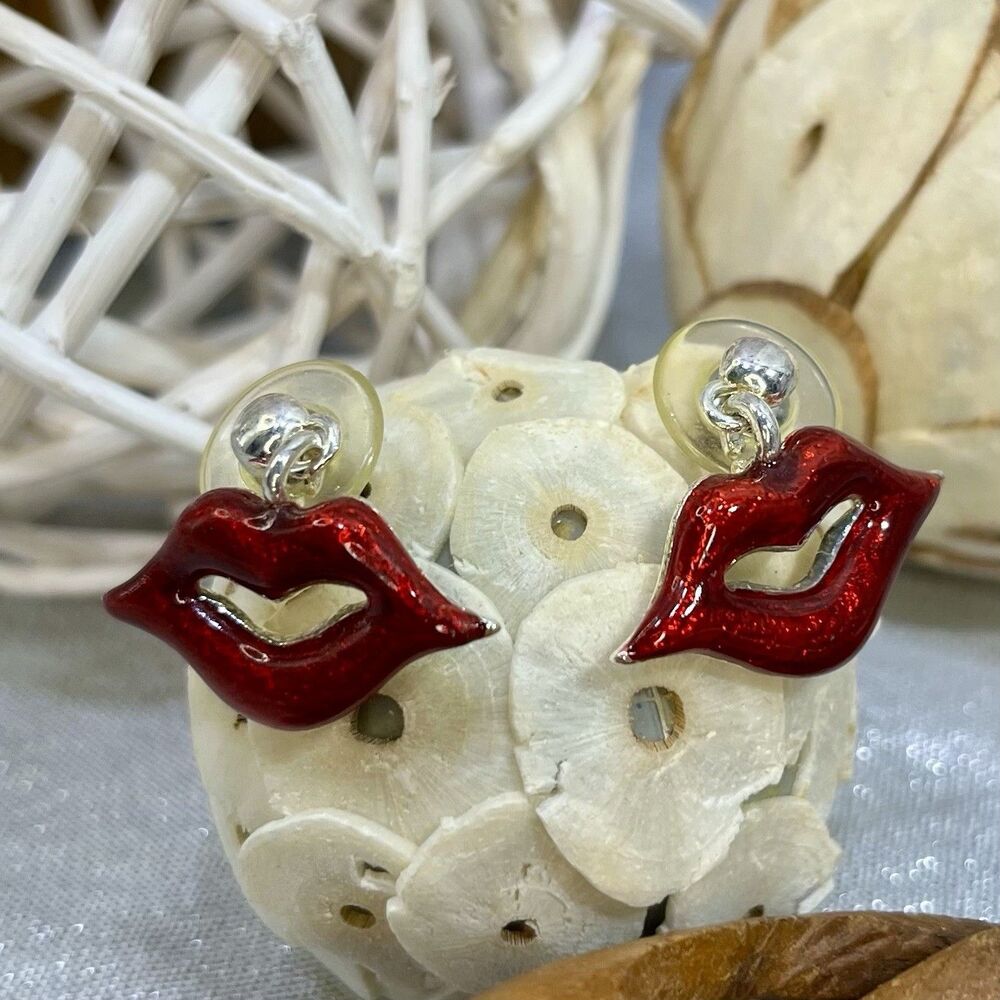 Vintage MJ Signed Earrings Silver tone RED LIPS  Pierced